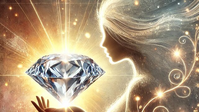 dall e 2024 09 24 14 57 43 a background image inspired by the concept of women being shaped and refined like a rough diamond the scene depicts a radiant diamond in the process