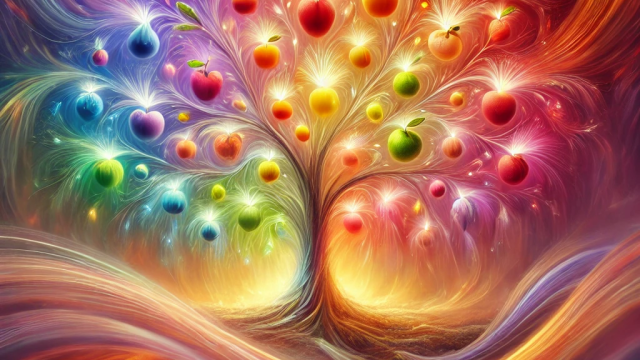 dall e 2025 01 21 15 47 07 an abstract and artistic representation of the fruits of the spirit featuring a glowing tree with vibrant radiant fruits in a spectrum of colors sy